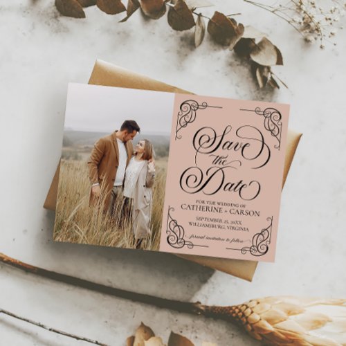 Modern Calligraphy Vintage Photo Beige Save The Date