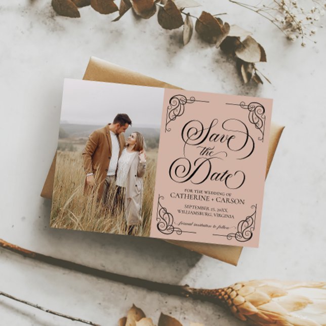 Modern Calligraphy Vintage Photo Beige Save The Date (Creator Uploaded)