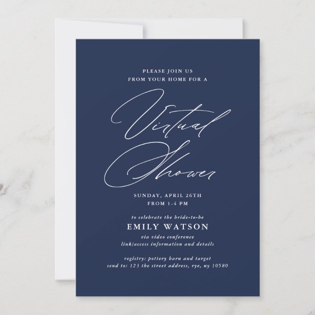 Modern Calligraphy Virtual Bridal Shower Navy Invitation (Front)