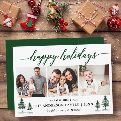 Modern Calligraphy Watercolor Pines 3 Photo Green Holiday Card