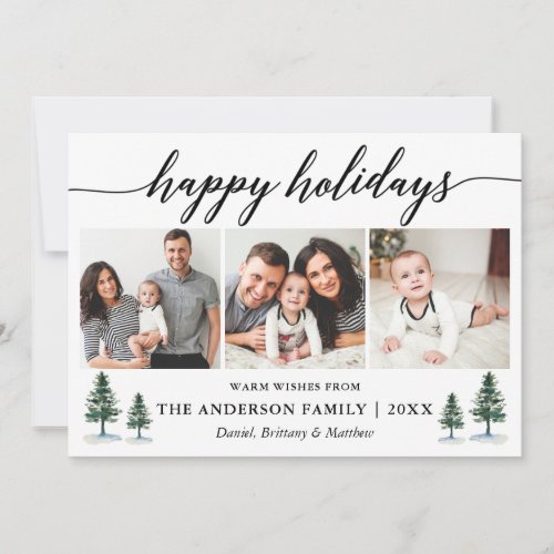 Modern Calligraphy Watercolor Pines 3 Photo Holiday Card
