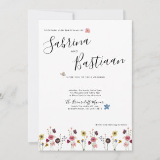 Modern Calligraphy Watercolor Wildflowers Wedding Invitation