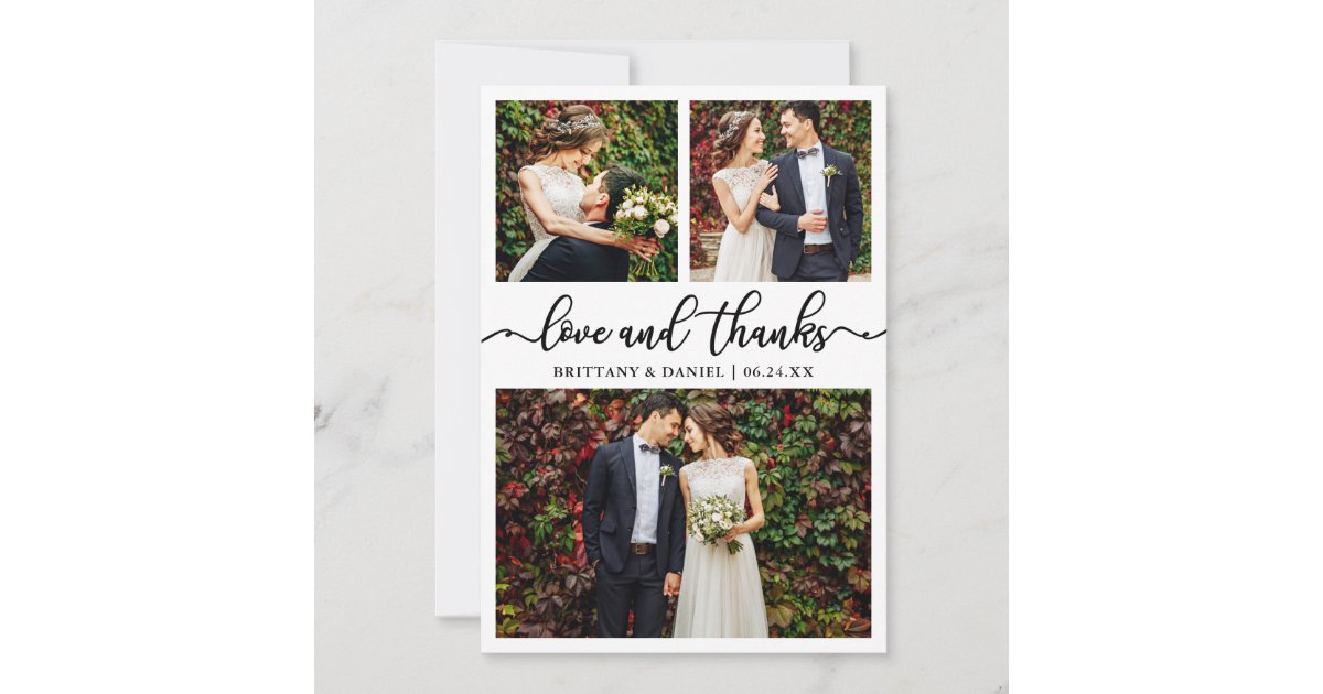 Modern Calligraphy Wedding 3 Photo Collage Thank You Card | Zazzle