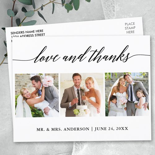 Modern Calligraphy Wedding 3 Photo Love and Thanks Postcard