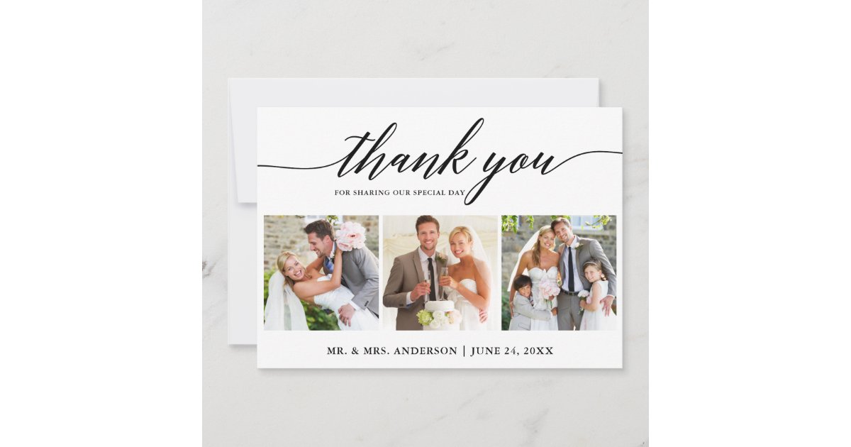 Modern Calligraphy Wedding 3 Photo Thank You Card | Zazzle