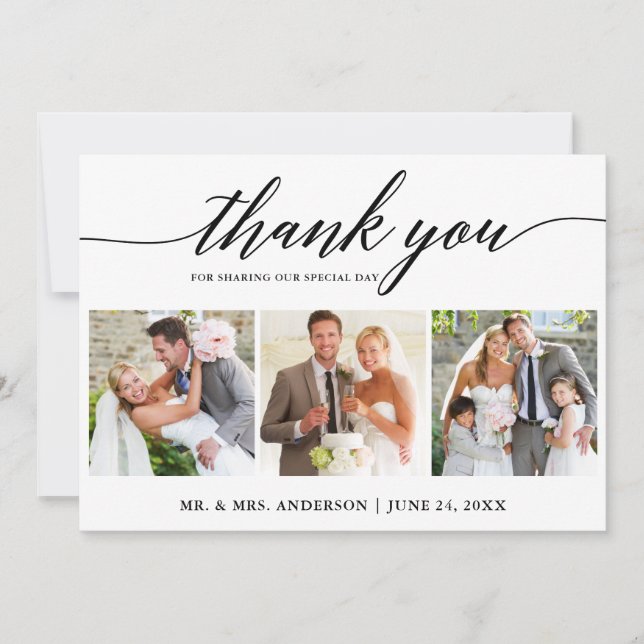 Modern Calligraphy Wedding 3 Photo Thank You Card (Front)