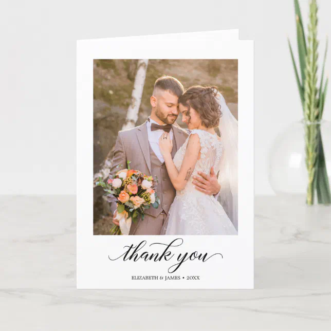 Modern Calligraphy Wedding 3 Photo Thank You Card 