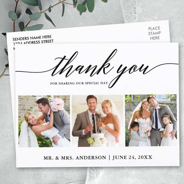 Modern Calligraphy Wedding 3 Photo Thank You Postcard (Customize to change your personalized text size or text style.)