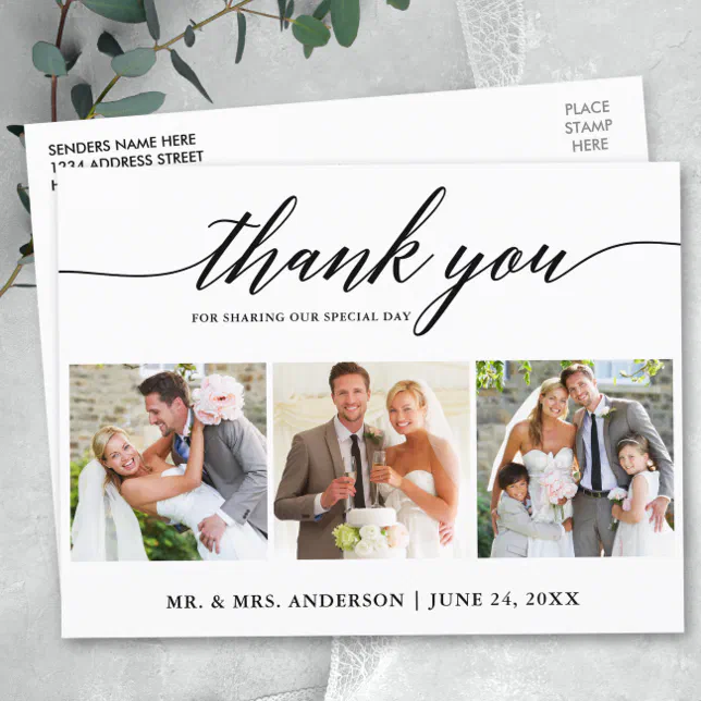 Modern Calligraphy Wedding 3 Photo Thank You Postcard | Zazzle