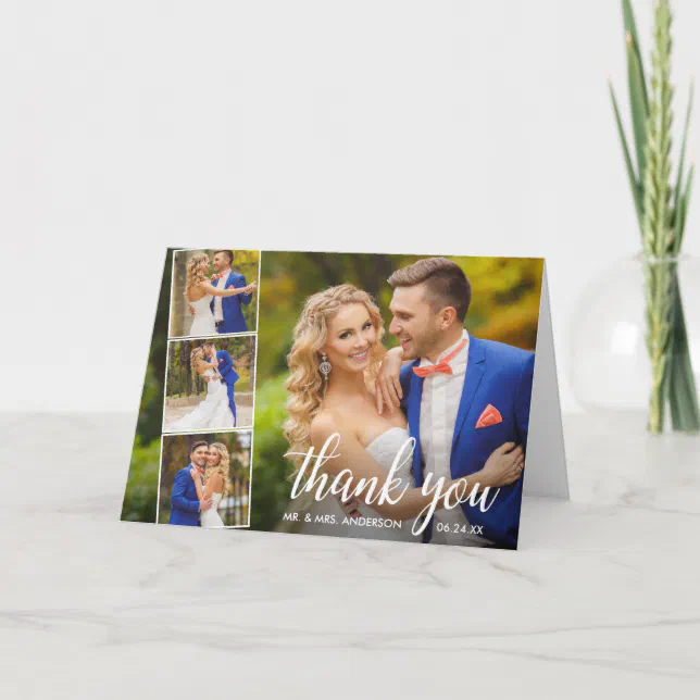 Modern Calligraphy Wedding 4 Photo Collage Fold Thank You Card | Zazzle