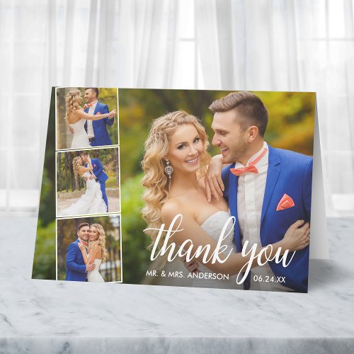 Modern Calligraphy Wedding 4 Photo Collage Note Thank You Card