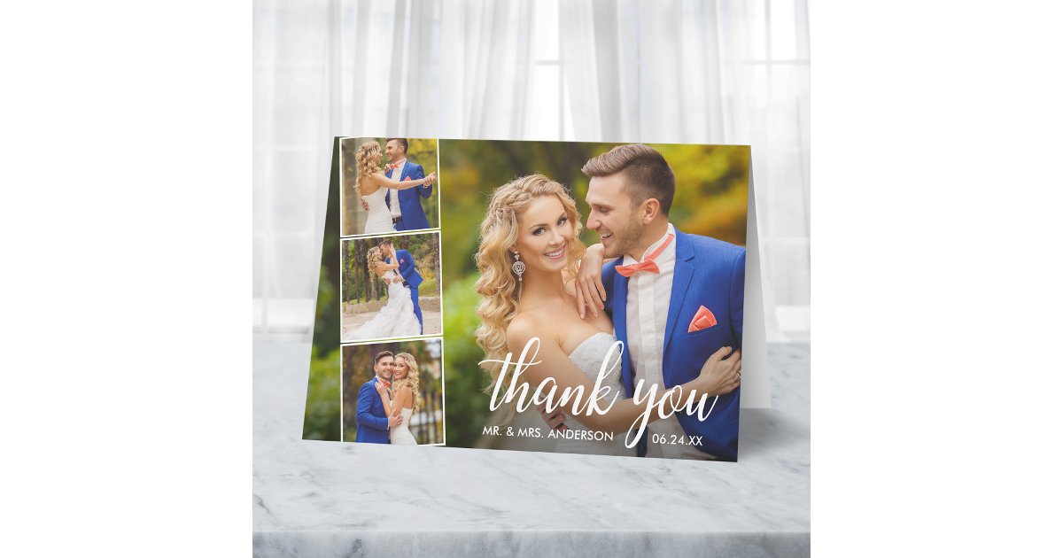 Modern Calligraphy Wedding 4 Photo Collage Note Thank You Card | Zazzle