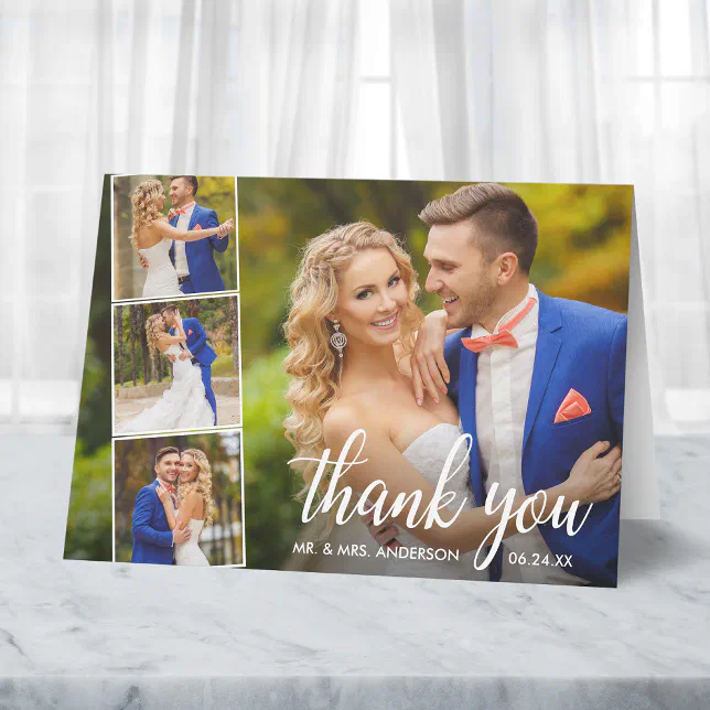 Modern Calligraphy Wedding 4 Photo Collage Note Thank You Card | Zazzle
