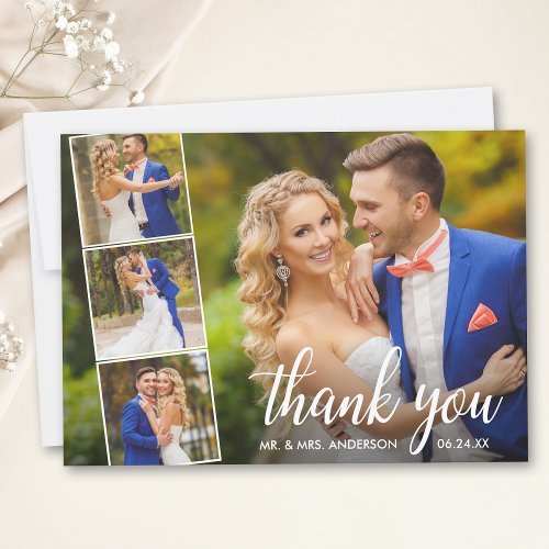 Modern Calligraphy Wedding 4 Photo Collage Thank You Card