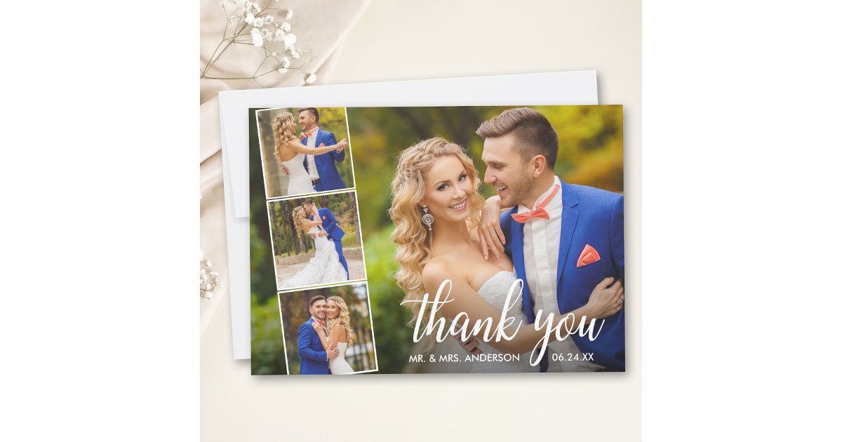Modern Calligraphy Wedding 4 Photo Collage Thank You Card | Zazzle