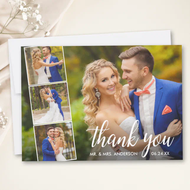 Modern Calligraphy Wedding 4 Photo Collage Thank You Card | Zazzle