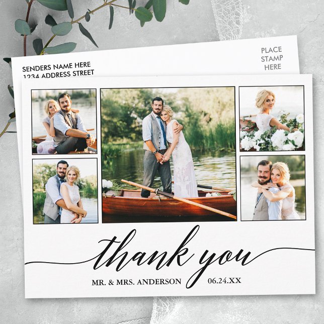 Modern Calligraphy Wedding 5 Photo Thank You Postcard (Customize to change your personalized text size or text style.)