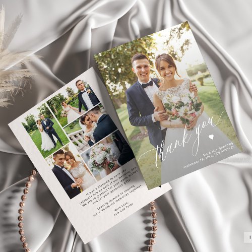 Modern calligraphy wedding 6 photo collage thank you card