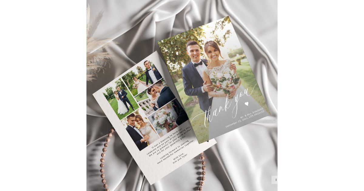 Modern calligraphy wedding 6 photo collage thank you card | Zazzle