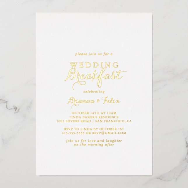 Modern Calligraphy Wedding Breakfast Gold   Foil Invitation (Front)