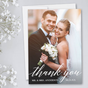 Modern Calligraphy Wedding Bride and Groom Photo Thank You Card