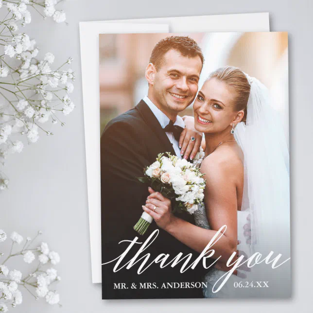 Modern Calligraphy Wedding Bride and Groom Photo Thank You Card | Zazzle