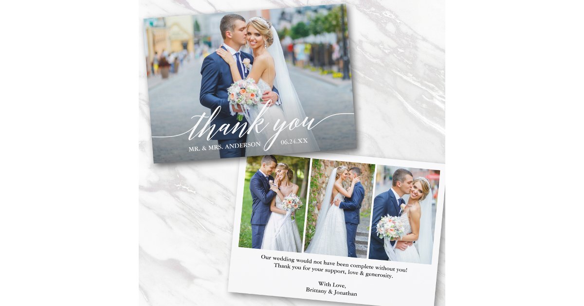 Modern Calligraphy Wedding Bride Groom 4 Photo Thank You Card | Zazzle
