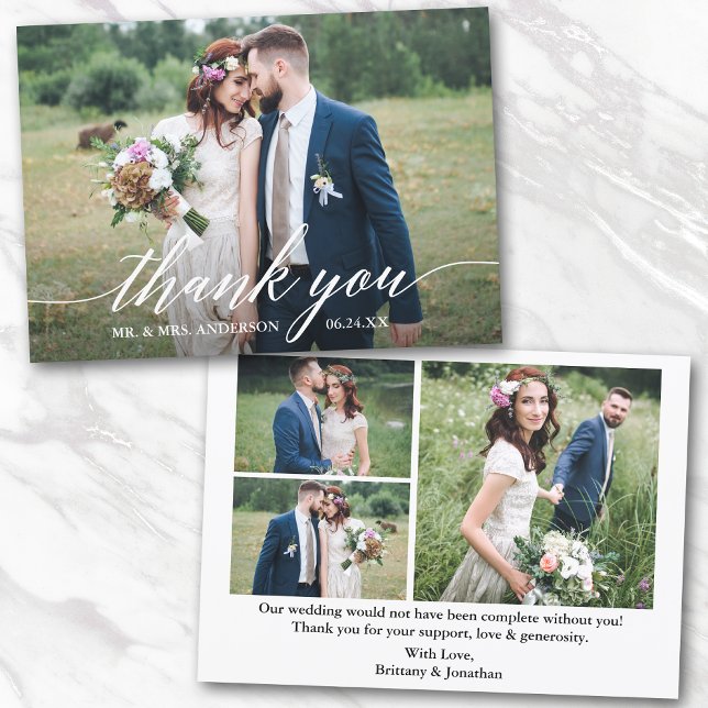 Modern Calligraphy Wedding Bride Groom 4 Photos Thank You Card (Customize to change your personalized text size or text style.)