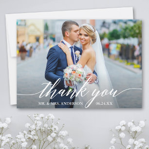 Modern Calligraphy Wedding Bride Groom Photo W Thank You Card
