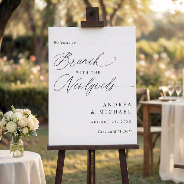 Modern Calligraphy Wedding Brunch Welcome Sign (Elegant wedding brunch welcome sign reading welcome to brunch with the newlyweds)