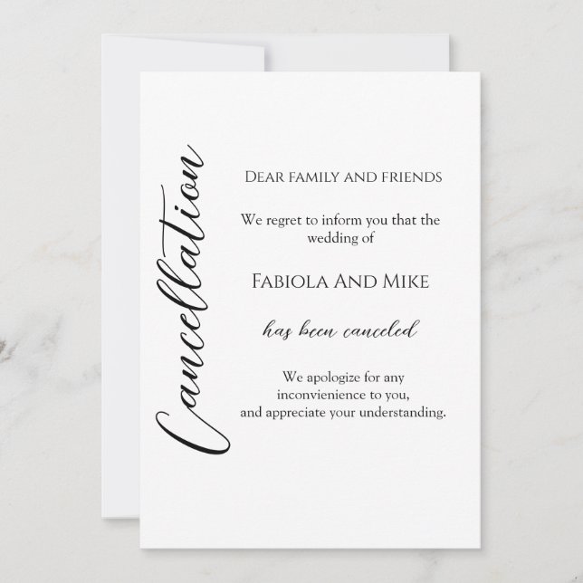 Modern calligraphy wedding cancellation announcement (Front)