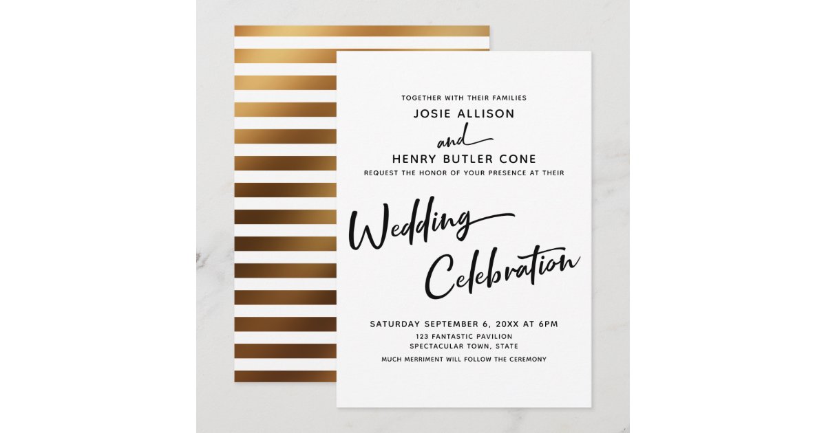 Modern Calligraphy Wedding Celebration Gold Stripe Invitation Zazzle