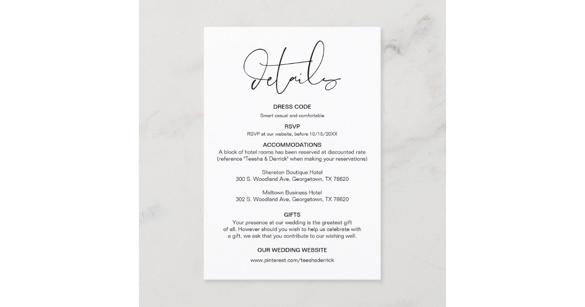 Modern Calligraphy, Wedding Details, Information Enclosure Card
