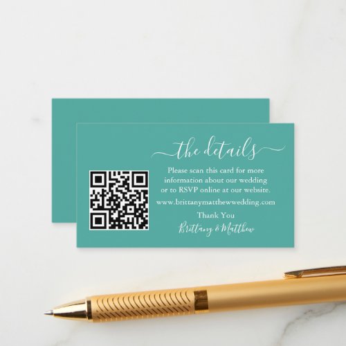 Modern Calligraphy Wedding Details Website QR Teal Enclosure Card