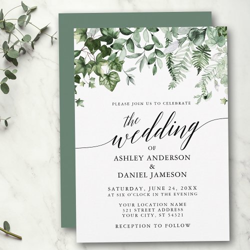 Modern Calligraphy Wedding Ivy Ferns Sage Green Invitation