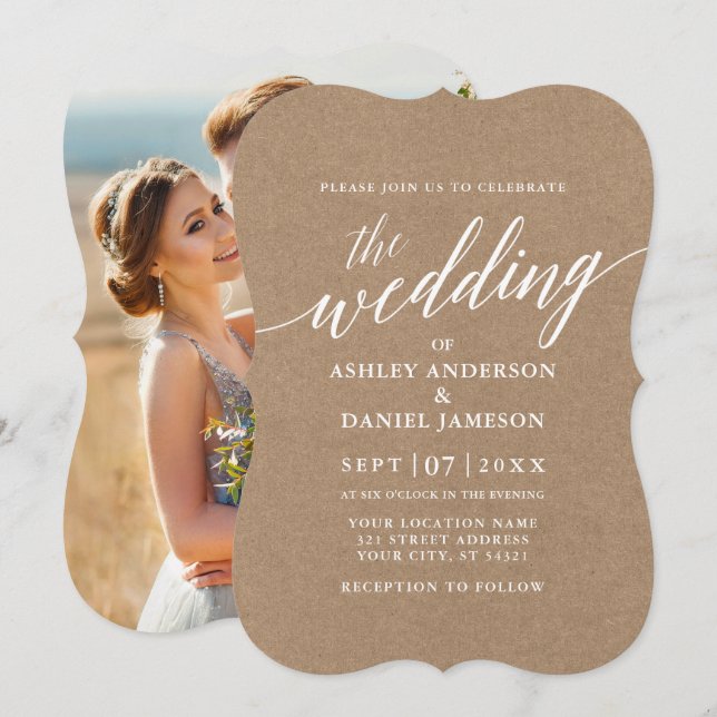 Modern Calligraphy Wedding Kraft Photo Back Invitation (Front/Back)