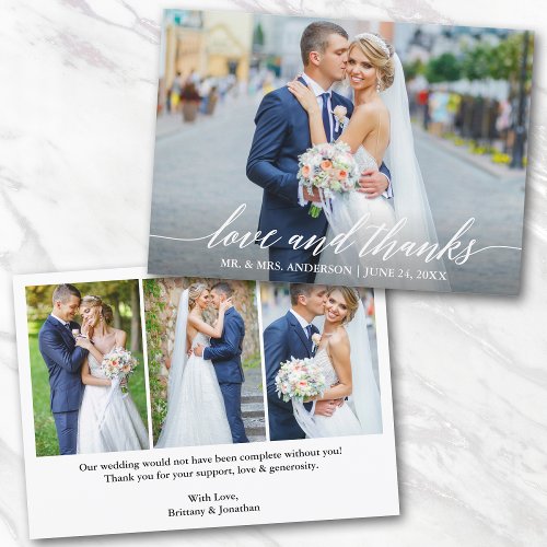 Modern Calligraphy Wedding Love And Thanks 4 Photo Thank You Card