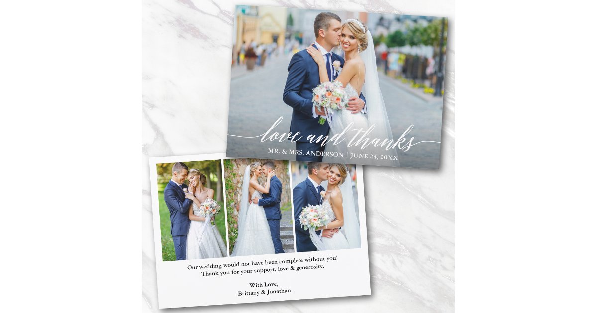 Modern Calligraphy Wedding Love And Thanks 4 Photo Thank You Card | Zazzle