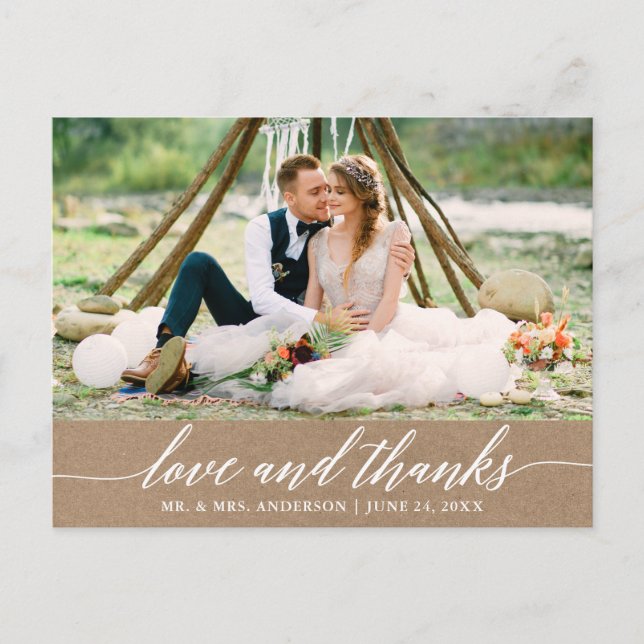 Modern Calligraphy Wedding Love and Thanks Kraft Postcard (Front)