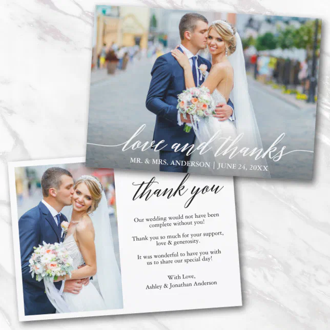 Modern Calligraphy Wedding Love Thanks 2 Photo Thank You Card | Zazzle