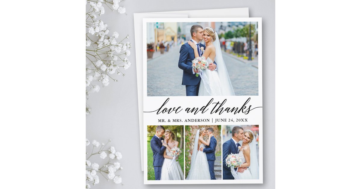 Modern Calligraphy Wedding Love Thanks 4 Photo Thank You Card | Zazzle
