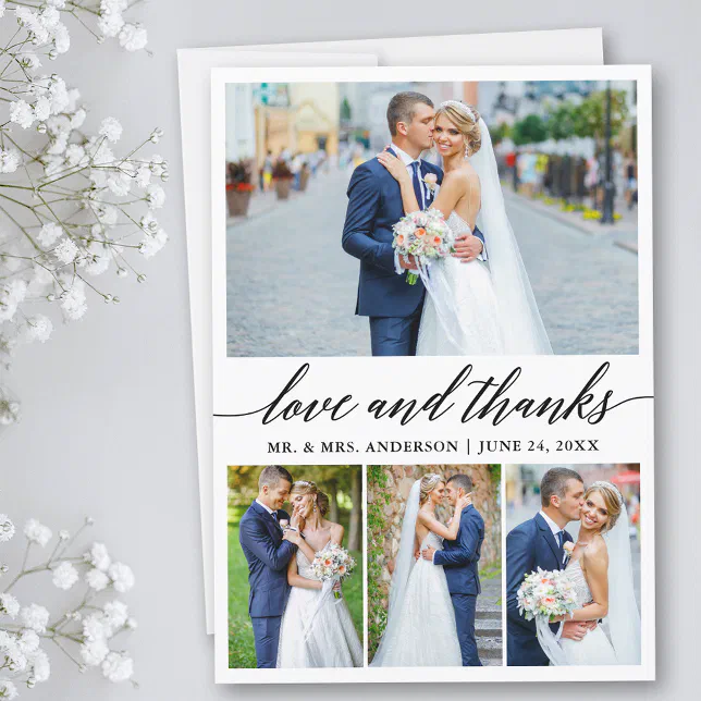Modern Calligraphy Wedding Love Thanks 4 Photo Thank You Card | Zazzle