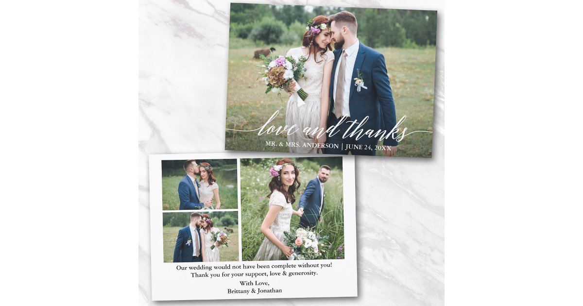 Modern Calligraphy Wedding Love Thanks 4 Photos Thank You Card | Zazzle