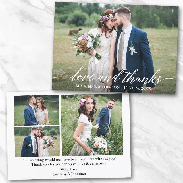 Modern Calligraphy Wedding Love Thanks 4 Photos Thank You Card | Zazzle