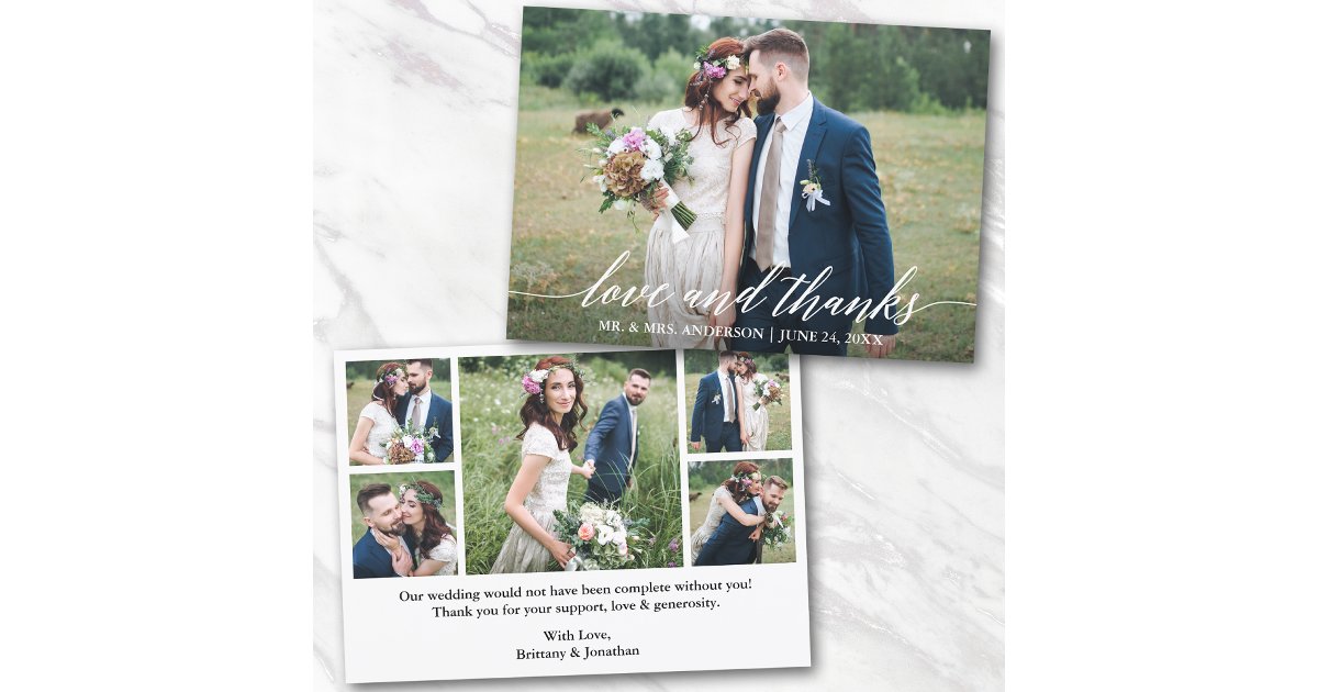 Modern Calligraphy Wedding Love Thanks 6 Photos Thank You Card | Zazzle