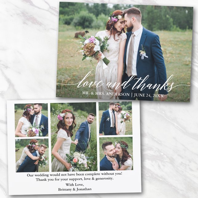 Modern Calligraphy Wedding Love Thanks 6 Photos Thank You Card (Customize to change your personalized text size or text style.)