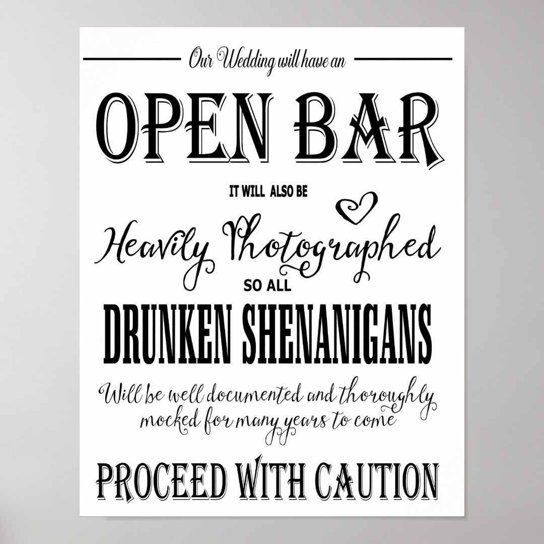 Modern Calligraphy wedding Open Bar print Zazzle