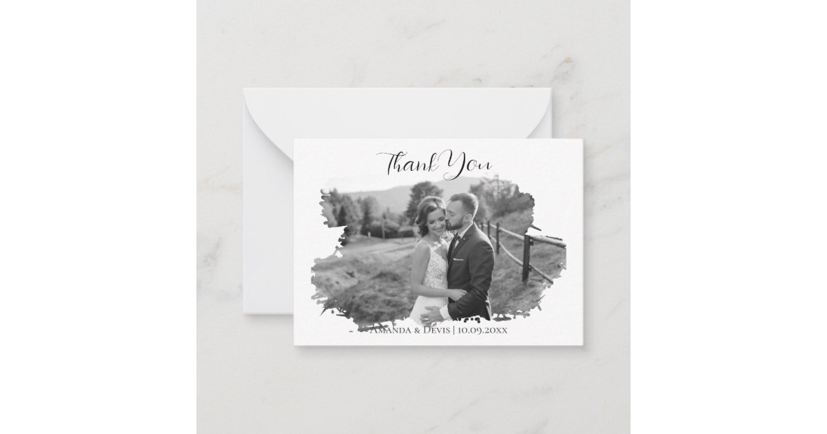 Modern calligraphy wedding photo collage thank you note card | Zazzle