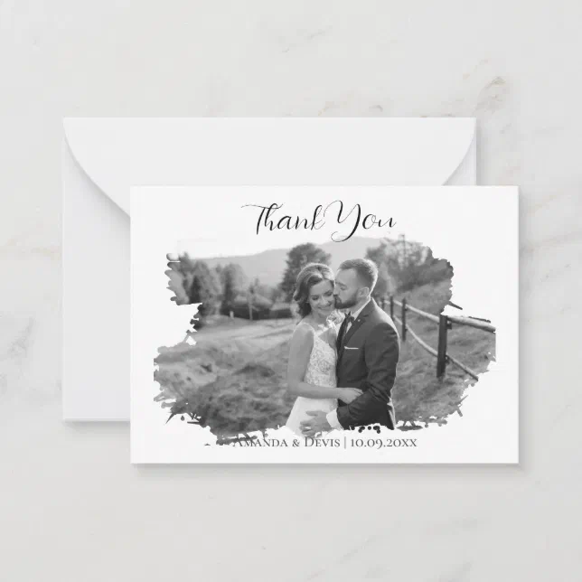 Modern calligraphy wedding photo collage thank you note card | Zazzle