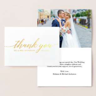 Modern Calligraphy Wedding Photo Thank You Gold Foil Card